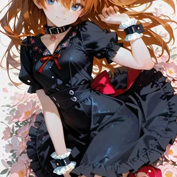 Original high-quality anime artwork featuring a long wavy auburn-haired girl with striking blue eyes wearing a elegant black dress with red accents. She is surrounded by pink flowers, creating a dreamy and enchanting atmosphere.