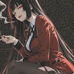 Original high-quality anime artwork featuring a long, black-haired girl with striking red eyes, wearing a red blazer over a white shirt and a patterned skirt. The background has a dark, textured pattern.