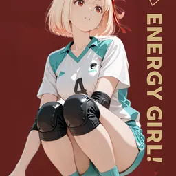 Original high-quality anime artwork featuring a blonde-haired girl with striking red eyes, dressed in a sports uniform with teal accents. She is depicted holding a volleyball against a deep red backdrop, with a playful and energetic atmosphere.