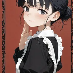 Original high-quality anime artwork featuring a cute girl with black hair styled in a bun, wearing black cat ears, with striking gray eyes, and dressed in a classic maid outfit against a simple red background. This is perfect anime art for any collection.