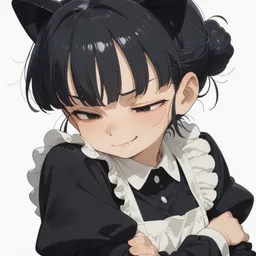 Original high-quality anime artwork featuring a black-haired girl with cat ears and grey eyes, wearing a black and white maid outfit. The character has a confident, sly expression set against a plain background.