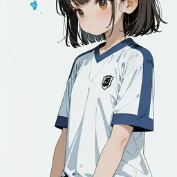 Original high-quality anime artwork featuring a cute anime girl with short brown hair and brown eyes wearing a sports shirt. She holds a soccer ball in her hands against a simple background, radiating a peaceful vibe.