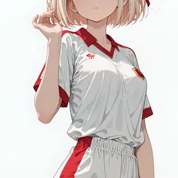 Original high-quality anime artwork featuring a fair-haired anime girl with red eyes in a white and red soccer uniform. She holds a soccer ball, set against a clean white background, creating a sporty and fresh atmosphere.