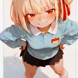 Original high-quality anime artwork featuring a cute girl with short blonde hair and red eyes, wearing a blue school uniform with a black skirt. She is looking up with a slight smile, set against a bright background.