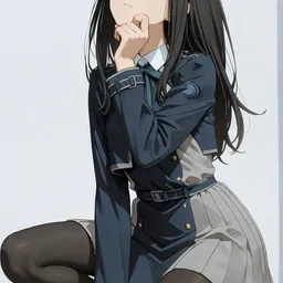 Original high-quality anime artwork featuring a long, dark-haired girl with striking violet eyes, wearing a blue and grey uniform with a pleated skirt. The artwork is set against a minimalist background, highlighting the character's thoughtful expression.