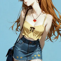 Original high-quality anime artwork featuring a relaxed girl with auburn hair and blue eyes, wearing a yellow tank top and a denim skirt, complemented by a red heart necklace. The serene backdrop enhances the dreamy atmosphere of this casual summer scene.