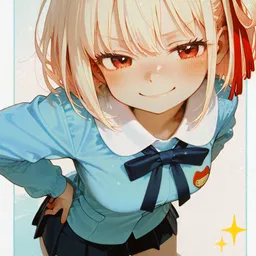 Original high-quality anime artwork featuring a smiling blonde schoolgirl with amber eyes wearing a blue uniform. Her outfit is complemented by a red ribbon, and she's set against a soft background with sparkling accents.