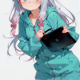 Original high-quality anime artwork featuring a girl with long, silver hair, bright blue eyes, and a stylish turquoise hoodie. She's holding a drawing tablet, ready to create, against a soft white background.