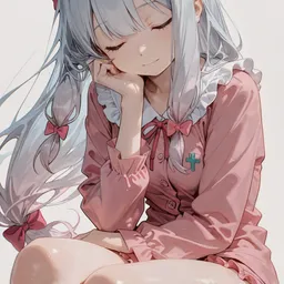 Original high-quality anime artwork featuring a serene silver-haired girl with closed eyes, wearing a pink frilly pajama set adorned with matching ribbons. The illustration style is soft, with a gentle background, ideal for a calming visual experience.