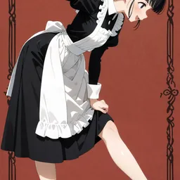 Original high-quality anime artwork featuring a black-haired anime girl with blue eyes wearing a black and white maid outfit and cute cat ears. Set against a decorative reddish-brown background, she strikes a playful pose.
