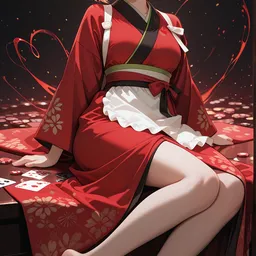 Original high-quality anime artwork featuring a cute anime girl with short blonde hair and striking red eyes, adorned in a decorative red kimono with floral patterns. The background features subtle light effects and scattered playing cards, creating an elegant and serene atmosphere.