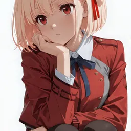 Original high-quality anime artwork featuring a blonde-haired girl with ruby eyes, wearing a red military-style uniform with a blue ribbon. She has a red ribbon in her hair and is in a thoughtful pose against a plain white background.