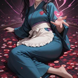 Original high-quality anime artwork featuring a girl with black pigtails and violet eyes, wearing a blue kimono with a white apron. She is sitting on a roulette table surrounded by playing chips, holding a glowing pink heart.