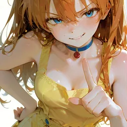Original high-quality anime artwork featuring a playful girl with orange hair and bright blue eyes, wearing a bright yellow dress and a cute choker. The background is a soft, neutral gradient, highlighting the character's cheerful expression.