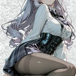 Original high-quality anime artwork featuring a beautiful elf girl with long silver hair and striking red eyes, wearing a school style outfit. She sits elegantly against a patterned backdrop.
