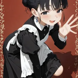 Original high-quality anime artwork featuring a young anime girl with black hair and blue eyes, wearing a black and white maid outfit with cat ears. She smiles brightly against a red background with decorative patterns.