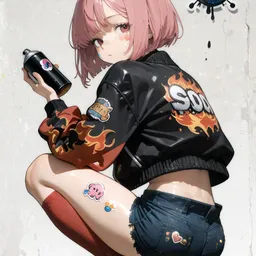 Original high-quality anime artwork featuring a cute girl with short pink hair and red eyes, dressed in a black jacket and denim shorts. She is holding a spray paint can and is surrounded by graffiti-style elements against a concrete wall backdrop.