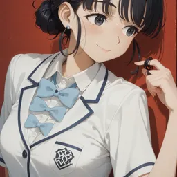 Original high-quality anime artwork featuring a schoolgirl with black hair and grey eyes, wearing a white uniform shirt with blue bow ties and a small tiara. The background is a solid crimson color, creating a striking contrast.