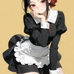 Original high-quality anime artwork featuring a black-haired girl with striking red eyes, adorned with black cat ears and a cute maid outfit. The background is a simple tan color.