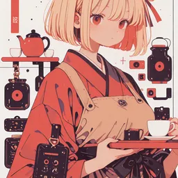 Original high-quality anime artwork featuring a short blonde haired girl with red eyes wearing a red kimono and apron, serving tea on a tray. The background features stylized kitchen items and a clean aesthetic.
