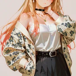 Original high-quality anime artwork featuring a long, blonde-haired girl with red eyes, wearing a floral jacket over a white top and a black skirt. She accessorizes with a choker and necklace, set against a soft, neutral background.