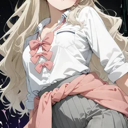 Original high-quality anime artwork featuring a blonde-haired girl with light brown eyes in a school uniform with pink ribbons. She is wearing a pink sweater tied around her waist against a dark background.