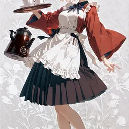 Original high-quality anime artwork featuring a fair-skinned girl with short blonde hair and striking red eyes, dressed in a classic maid outfit with a red overcoat, carrying a tea set against a soft floral backdrop. This charming scene is rendered in a delicate anime style, emphasizing the character's grace and poise.