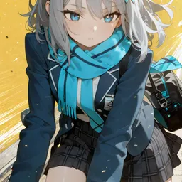 Original high-quality anime artwork featuring a girl with silver hair and bright blue eyes wearing a school uniform and a blue scarf, riding a bicycle against a yellow background. This charming scene captures a moment of youthful energy and vibrant color.