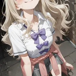 Original high-quality anime artwork featuring a blonde-haired schoolgirl with brown eyes, dressed in a white uniform with purple bow accents, along with a pink sweater tied around her waist, against a textured stone background. This cute anime girl is captured in a cheerful, vibrant pose.