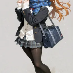 Original high-quality anime artwork featuring a girl with long, amber hair and bright blue eyes, wearing a school uniform with a blue plaid scarf. The background is a soft, neutral tone.