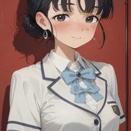 Original high-quality anime artwork featuring a cute anime girl with black hair and grey eyes, wearing a school uniform with an azure ribbon and tiara. Set against a plain red background, creating a simple yet elegant aesthetic.