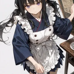 Original high-quality anime artwork featuring a black-haired girl with violet eyes wearing a maid outfit with a vintage kimono. She is presenting a menu on a chalkboard with a coffee set to the side.