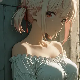 Original high-quality anime artwork featuring a cute anime girl with short, light blonde hair and amber eyes, wearing a white, off-the-shoulder blouse. The background is a textured stone wall, with sunlight casting shadows and highlighting the girl's features.