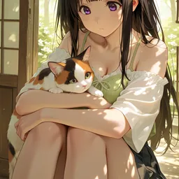 Original high-quality anime artwork featuring a black-haired girl with violet eyes, wearing a casual green top and dark skirt, gently cradling a calico cat in a sunlit outdoor setting. The artwork captures a peaceful and comforting mood.