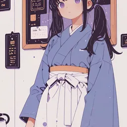 Original high-quality anime artwork featuring a cute girl with black hair and purple eyes, dressed in a blue kimono-style outfit. She is serving coffee at a cafe, with a detailed menu board in the background.