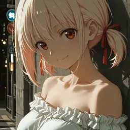 Original high-quality anime artwork featuring a light blonde-haired girl with ruby eyes in a ruffled white dress against an urban backdrop. Her hair is styled in pigtails with red ribbons, and she exudes a soft, gentle aura.