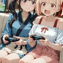 Original high-quality anime artwork featuring two girls engrossed in a video game, one with black twin-tails in a traditional blue robe and the other with blond hair in a white blouse. They are on a cream colored couch with a tv in the background. 