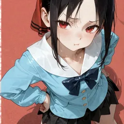 Original high-quality anime artwork featuring a black-haired girl with striking red eyes in a school uniform. She is wearing a light blue blouse with a dark bow and a black skirt against a soft red background. This cute anime girl illustration captures a unique perspective.