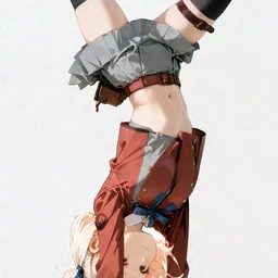 Original high-quality anime artwork featuring a blonde-haired girl with amber eyes doing a handstand. She wears a red and grey school uniform-style outfit against a bright, clean background. This anime artwork is perfect for any fan.