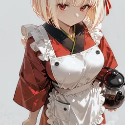 Original high-quality anime artwork featuring a blonde-haired girl with red eyes wearing a red and white maid outfit while carrying a coffee pot. The scene is softly lit, highlighting the details of her attire and the coffee set.