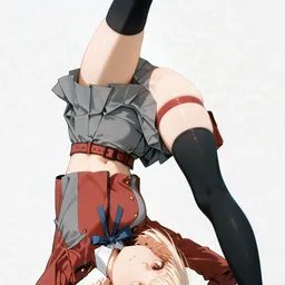 Original high-quality anime artwork featuring a flexible girl with blonde hair and striking red eyes, dressed in a unique uniform with a red ribbon. She performs a handstand against a plain background, showcasing her agility and charm.