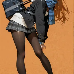 Original high-quality anime artwork featuring a reddish-brown haired girl with blue eyes in a school uniform and a blue scarf, set against a soft orange backdrop. She carries a black school bag, completing the classic anime school scene.