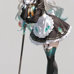 Original high-quality anime artwork featuring a fair-haired girl with striking pink and blue eyes, wearing a classic maid outfit with delicate frills and bows. She leans on a decorative mop with an expression of gentle serenity against a soft background.