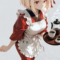 Original high-quality anime artwork featuring a fair-haired girl with amber eyes, wearing a red kimono-inspired dress and white frilly apron. She carries a tray with coffee, set against a soft, neutral backdrop.