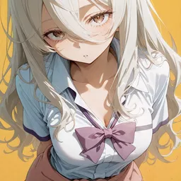 Original high-quality anime artwork featuring a cute anime girl with flowing white hair and warm brown eyes, wearing a school uniform with a distinctive lavender ribbon and a casual pink sweater tied around her waist, all set against a solid yellow background.