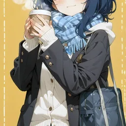 Original high-quality anime artwork featuring a dark blue-haired schoolgirl with bright blue eyes, wearing a neat school uniform and scarf, holding a warm coffee cup against a soft yellow background. This anime girl illustration is perfect for any anime art lover.