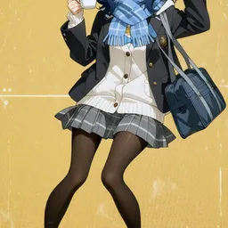 Original high-quality anime artwork featuring a young girl with flowing dark blue hair and bright blue eyes, holding a steaming mug in a school uniform with a blue plaid scarf. The background is a soft, textured yellow.