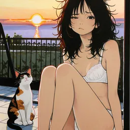 Original high-quality anime artwork featuring a girl with dark messy hair and brown eyes relaxing during sunset with a calico cat friend. The warm colors create a peaceful and serene atmosphere.