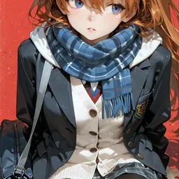 Original high-quality anime artwork featuring a girl with light brown hair and bright blue eyes, wearing a school uniform with a blue plaid scarf. The background is a solid red hue, creating a striking contrast.