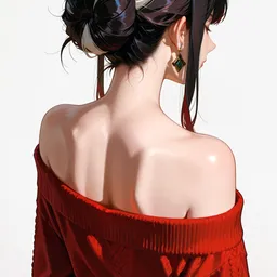 Original high-quality anime artwork featuring a girl with dark hair adorned with white streaks, styled in an elegant updo. She's wearing a red off-shoulder sweater, accessorized with dangling emerald earrings, against a clean white background.